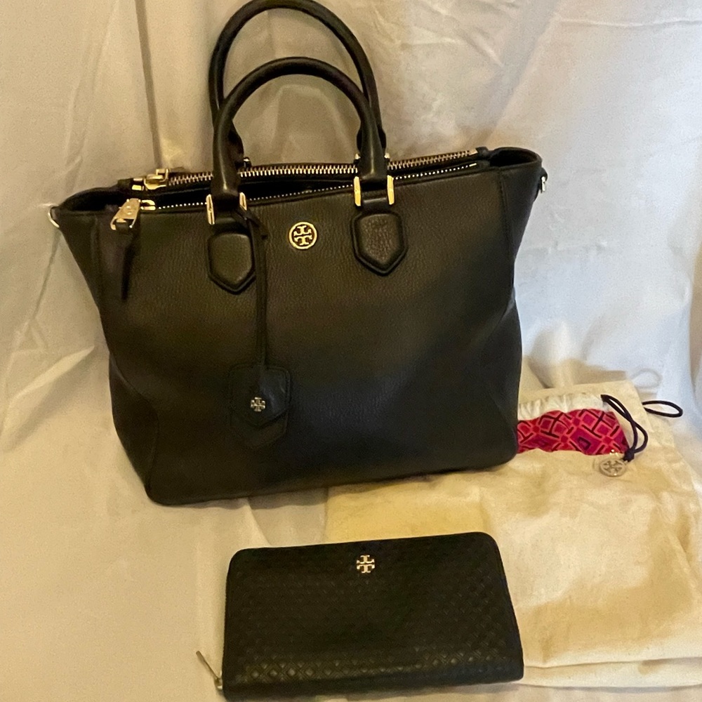 Tory Burch Leather Double Zipper Tote w/ wallet